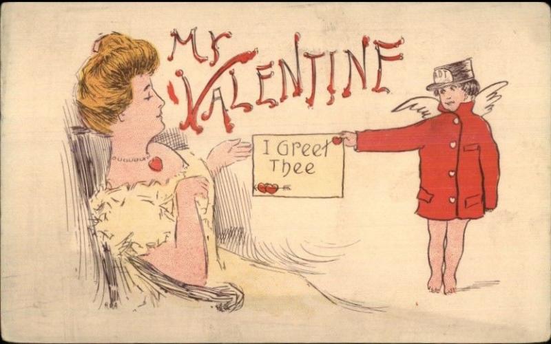 Valentine - Cupid Delivers Letter to Beautiful Woman c1910 Postcard