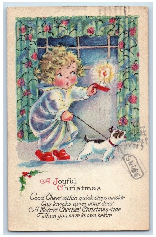 1925 Christmas Girl Holding Candle Dog Berries Barking Fair Haven MA Postcard