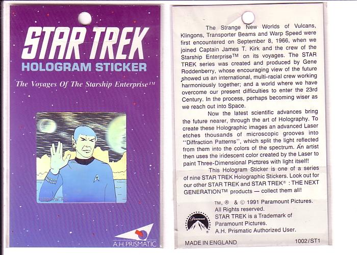 Star Trek Commander Spock Hologram Sticker, 1991