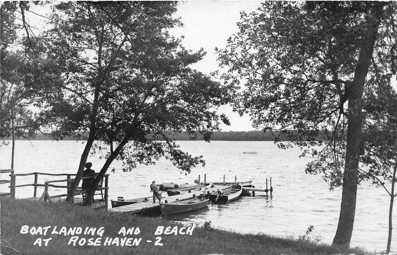 Minnesota~Rose Haven Camp Ground~Boatlanding & Beach~Boy on Dock~1956 RPPC