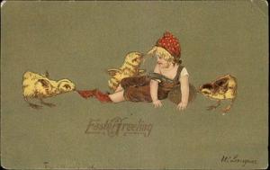 Easter Little Girl Plays w Egg Chicks Gilt Embossed A/S L...