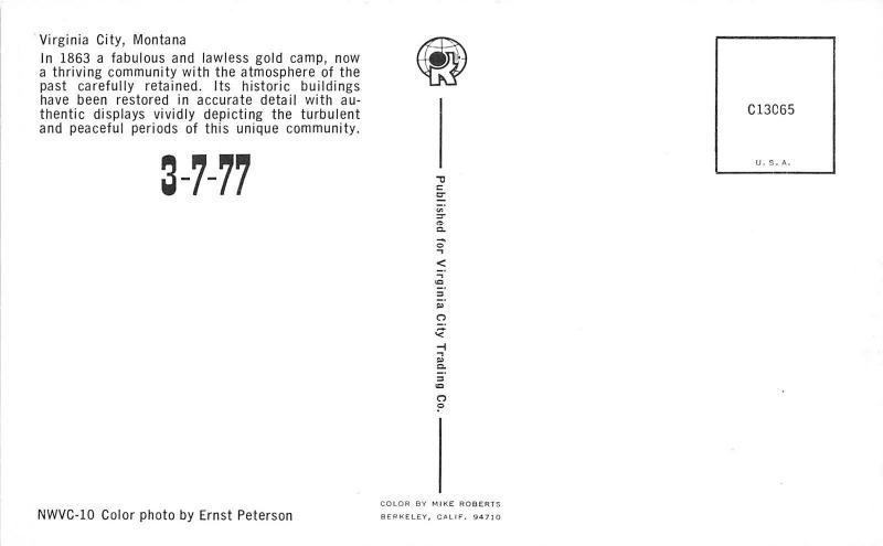 Virginia City Montana~Saloon & Street View of Restored Gold Camp~1977 Postcard