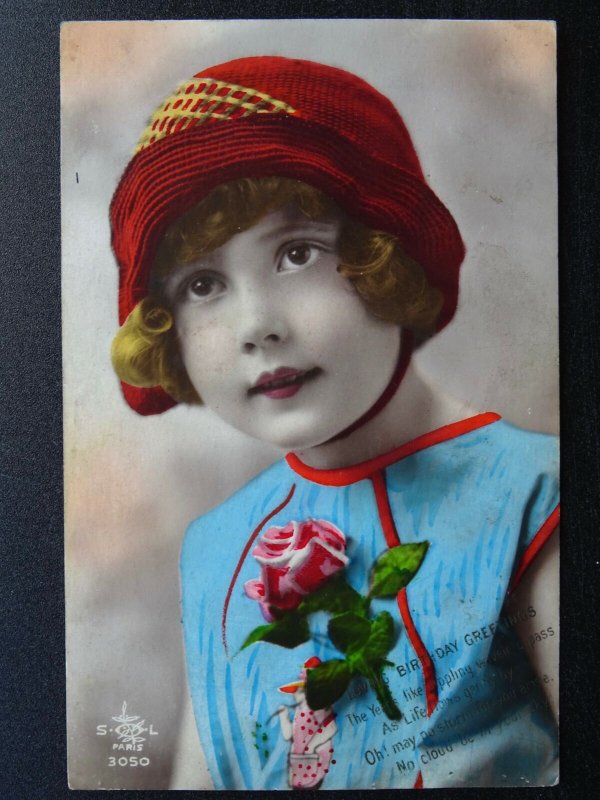 Birthday Greeting CHILD IN RED HAT & ROSE c1917 RP Postcard by S.L. of Paris 