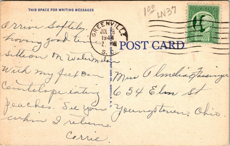 Main Street at Night Full Moon Greenville South Carolina SC Postcard 1944 Linen