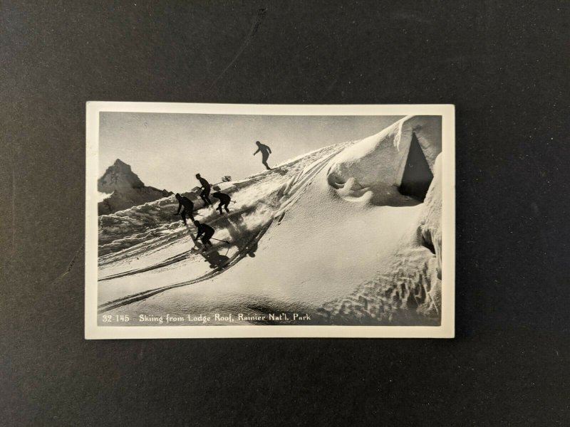 Vintage Skiing from Lodge Roof Rainier National Park RPPC Real Photo