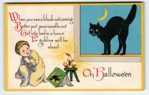 Halloween Postcard Black Cat Crescent Moon Boy Candle Stick Magic Book Witch 27