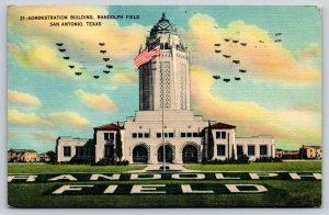 San Antonio TX~Admin Bldg~Randolph Field~USA Flag~Spanish Revival~Linen 1941 PC