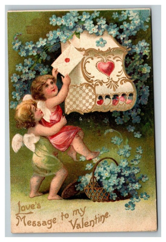 Vintage 1909 International Art Valentines Postcard Cute Angels Deliver Love Note