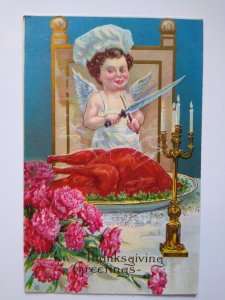 Thanksgiving Postcard Cherub Angel Baby Carves Turkey Candles Stecher 313 B 