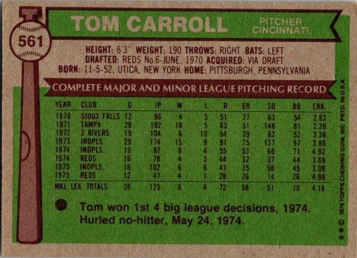 1976 Topps Football Card Tom Carroll Cincinnati Reds sk13554