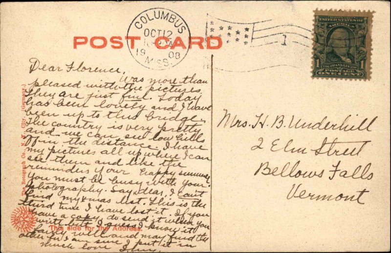 Columbus Mississippi MS Tombigbee River Bridge c1910 Postcard