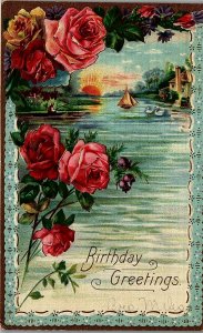 c1910 BIRTHDAY GREETINGS LAKE ROSES BOAT FISHING SUNRISE SWANS POSTCARD 26-315