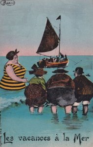 Les Vacances A La Mer Antique French Fat Lady Comic Postcard