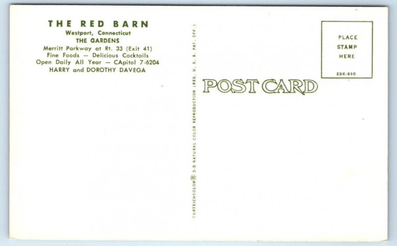 WESTPORT, CT Connecticut ~ The RED BARN RESTAURANT c1960s Roadside Postcard