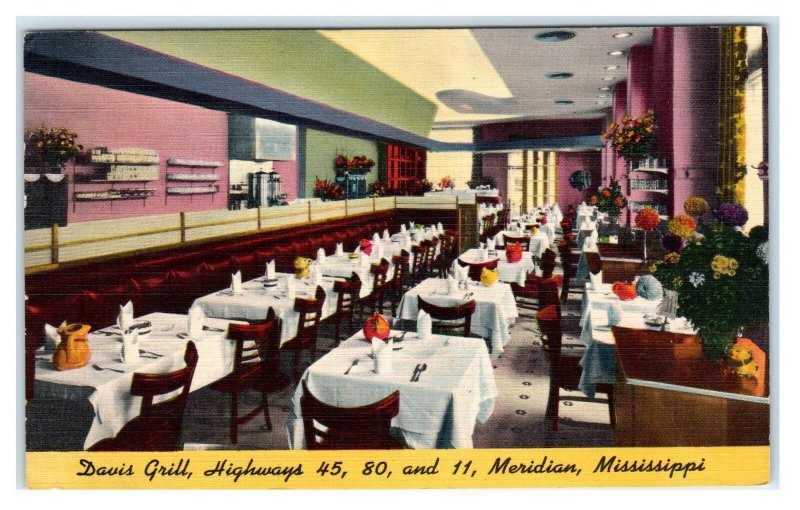 MERIDIAN, MS Mississippi ~ Roadside DAVIS GRILL Restaurant 1950 Linen Postcard