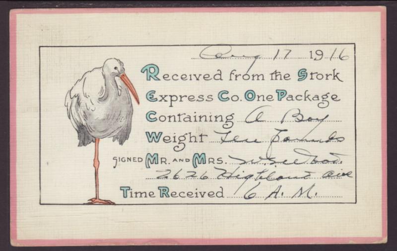 Birth Announcement,Stork Postcard