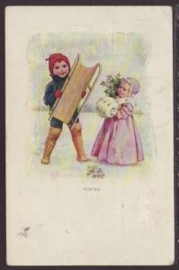 Winter,Boy With Sled,Girl Postcard 