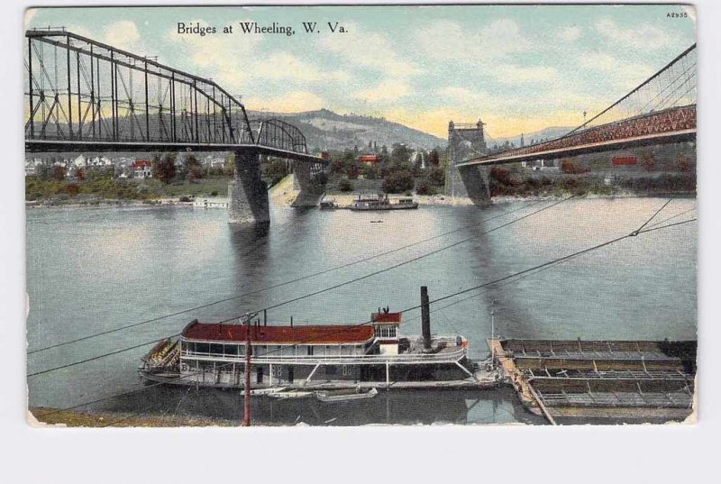 PPC POSTCARD WEST VIRGINIA WHEELING BRIDGES HAND-COLORED WITH BOATS ON WATER