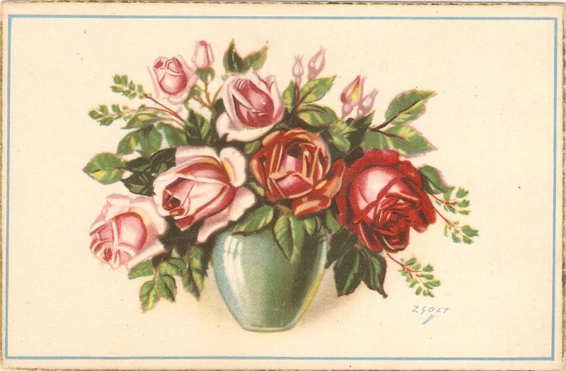 Flowers. Beautiful roses in vase  Nice vintage Spanish postcard. Signed