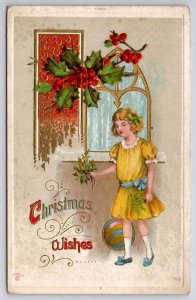 Christmas Greeting Girl Yellow Dress With Hollyberry Postcard C39