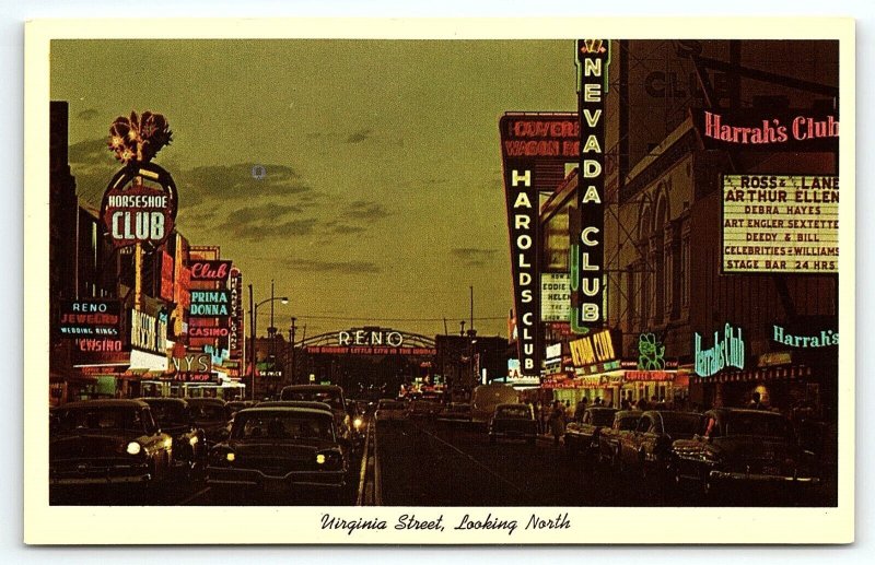 1950s RENO NEVADA VIRGINIA ST CASINOS CLUBS HARRAH'S CARS NEON POSTCARD P3057