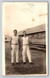 Vintage AZO RPPC Two Young Men Soldiers Camp Barracks WWI Era Photo Postcard