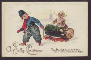 A Jolly Christmas,Ducth Boy Pulling Sled,Girl Postcard