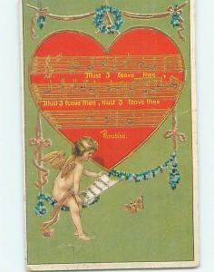 Pre-Linen Valentine CUPID WITH SHEET MUSIC AND LARGE HEART HL7028