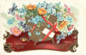 Vintage Postcard 1910's Lest We Forget Flower Basket With Letter Remembrance