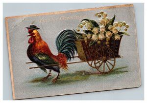 Vintage 1900's Easter Postcard Rooster Wearing Hat Towing Basket of Flowers