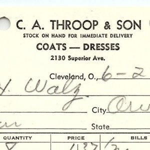 1939 C.A. THROOP & SON COATS-DRESSES CLEVELAND OHIO BILLHEAD STATEMENT Z3450