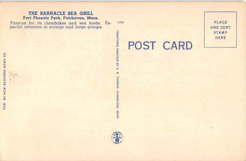 Fairhaven Massachusetts Barnacle Sea Grill Linen Vintage Postcard AA39794