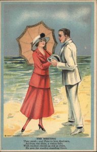 Romance Beautiful Woman in Red with Man on Beach c1910 Vintage Postcard
