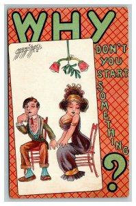 Vintage 1911 Comic Postcard - Busty Woman Wants Man to Make First Move FUNNY