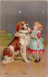 Girl with Large Dog 'Trust' Love Bonding Pet Child Postcard G60 *as is