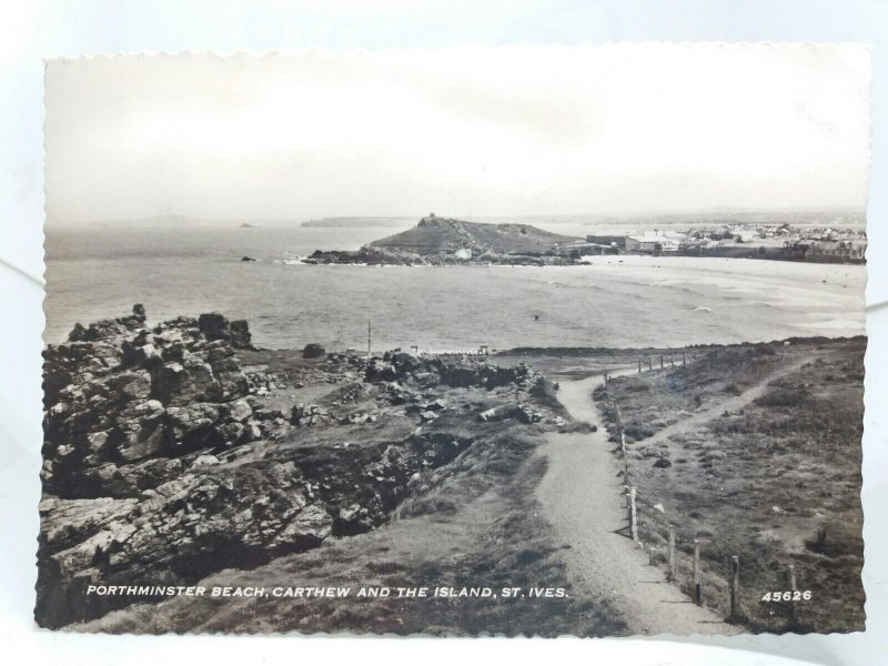 Porthminster Beach Carthew & the Island St Ives Cornwall Vtg RP Postcard 1955