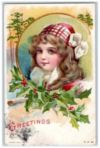 1908 Christmas Greetings Pretty Girl Brown Curly Hair Holly Berries Postcard 