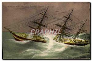 Old Postcard Boat Merchant Marine Three matte undergoing the storm