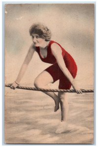 c1910's Beautiful Girl Holding Rope At The Beach Unposted Antique Postcard 