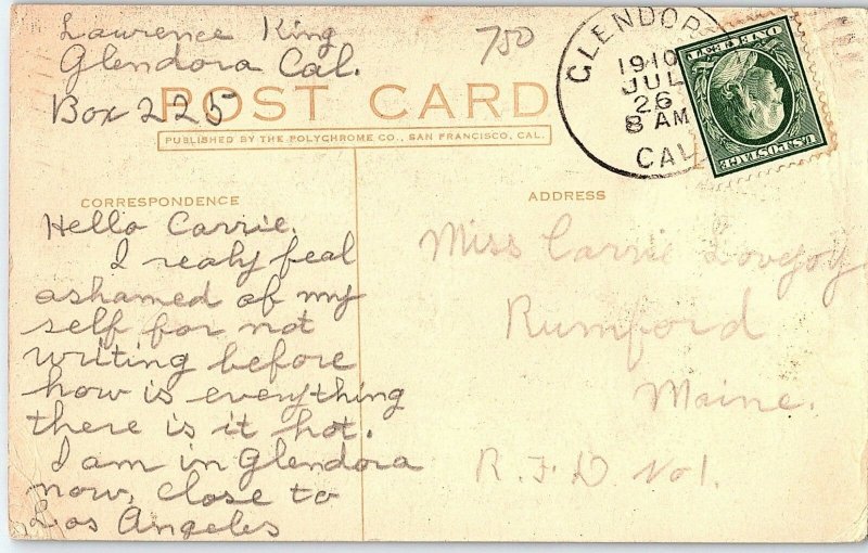 C.1910 Palm Drive, Glendora, California Postcard P122