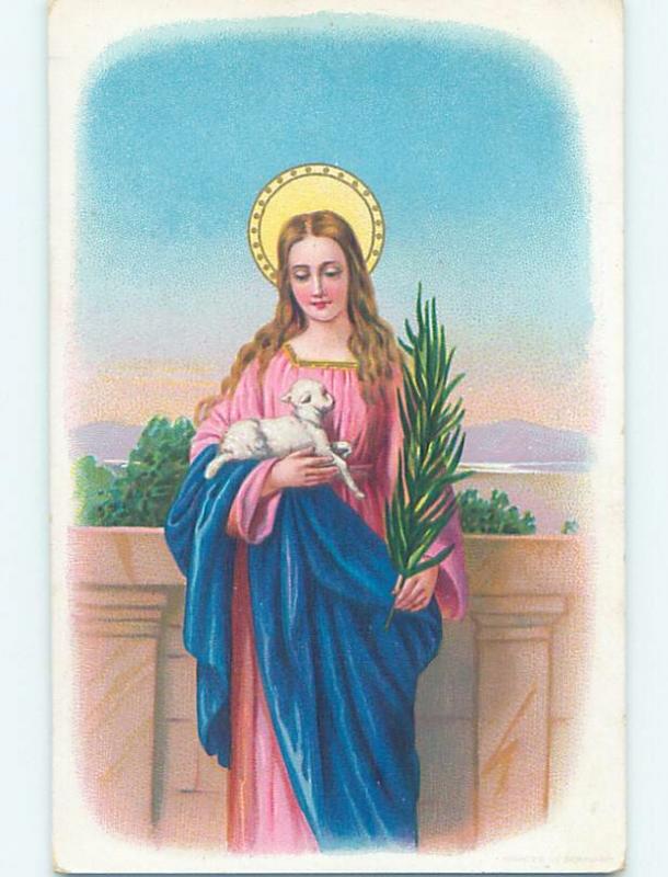 Pre-Linen foreign religious VIRGIN MARY HOLDS BABY LAMB AND PALM LEAF HL9653