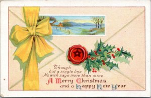 Postcard Merry Christmas and Happy New Year - envelope with ribbon, seal, holly