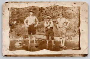 RPPC Three Men Wading in Creek Rolled Pants Legs for Photo Postcard F29