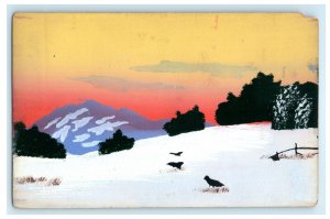 c1910 Tranquil Hand Painted Art Snow Scene Birds Antique European Postcard