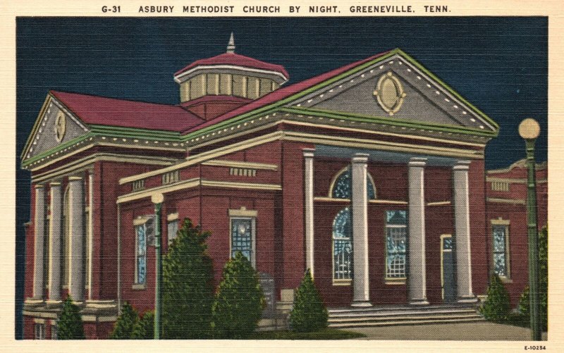 Vintage Postcard 1930's Asbury Methodist Church by Night Greeneville