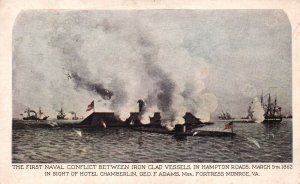 Vintage Postcard First Naval Conflict Bet. Iron Clad Vessels Fortress Monroe VA