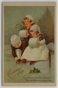 Christmas Joys Children Ice Skating Bonnets And Hand Muffs Postcard U26