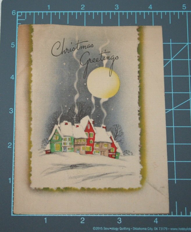 VINTAGE 1940s WWII ERA Christmas Greeting Holiday Card SNOWY VILLAGE & MOON