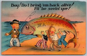 Delphos Ohio 1942 Comic Exaggerated Postcard Men Carry Giant Fish