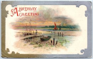 Postcard - A Birthday Greeting with Lake Boats Landscape Scenery Art Print